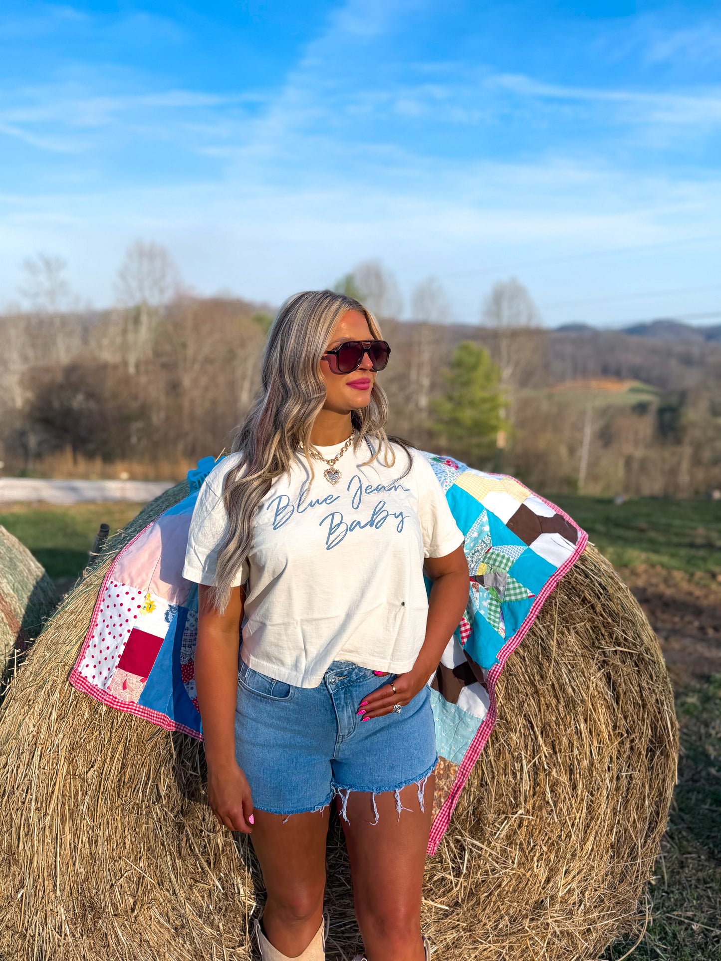 Babies Got Her Blue Jeans On Tee-ivory & baby blue