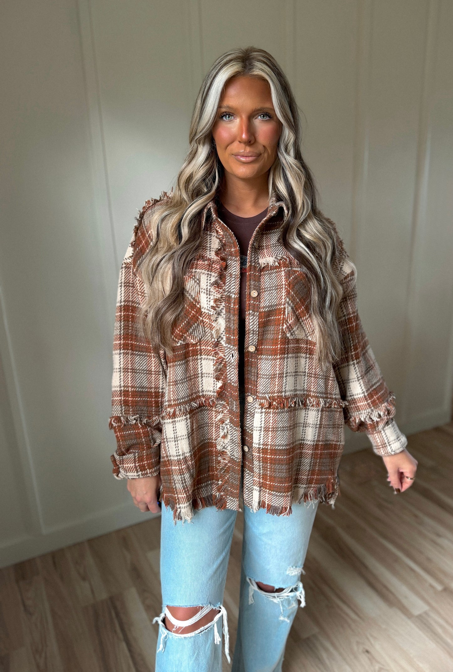 The Huntin’ Shack - Distressed Shacket Rust & Brown