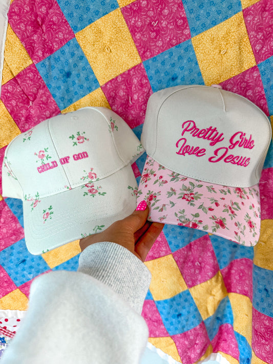 Child Of God Hat- pink & green ditsy floral