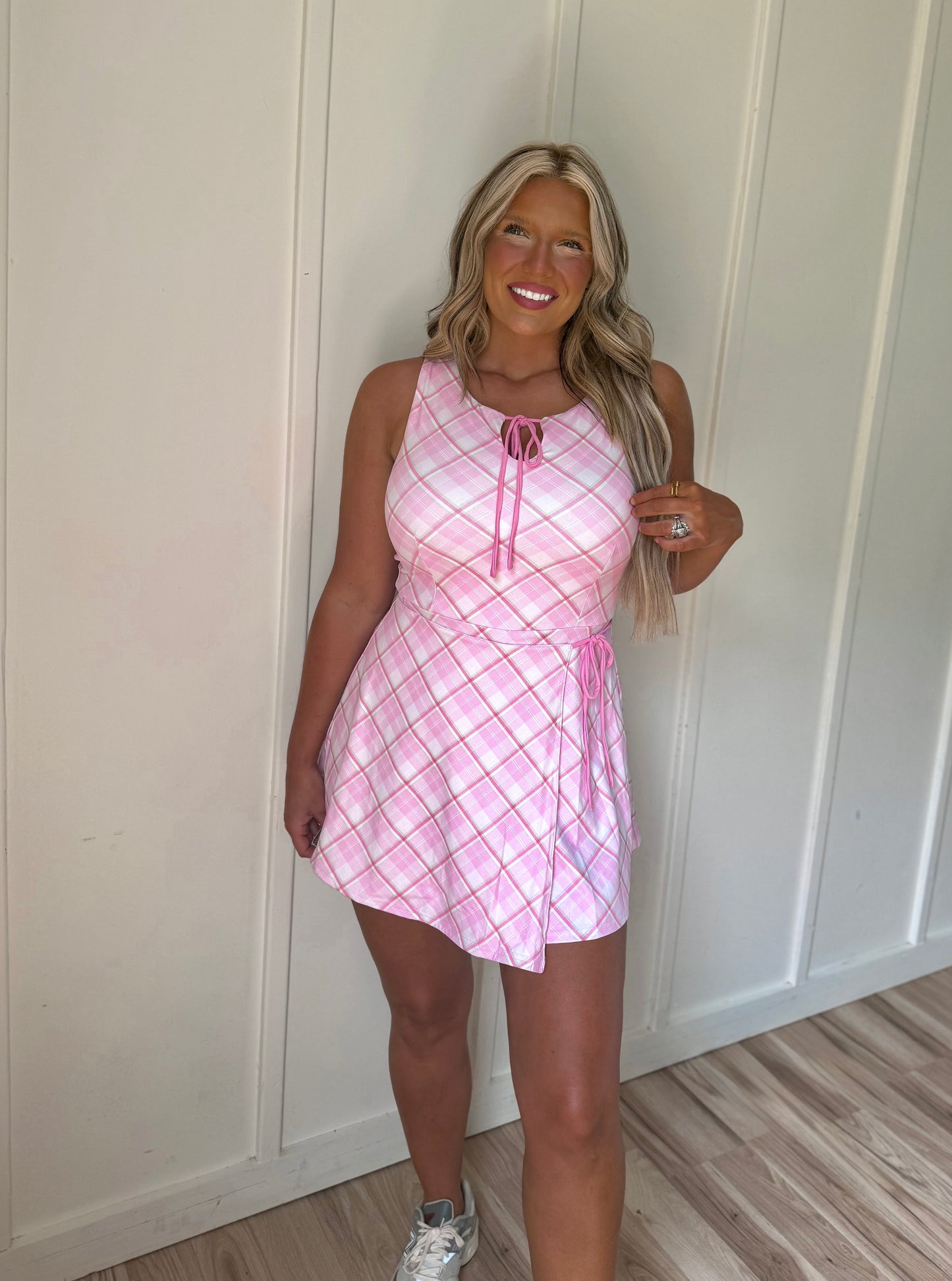 Coastal Country Club Wrap Dress- Pink & Green Plaid