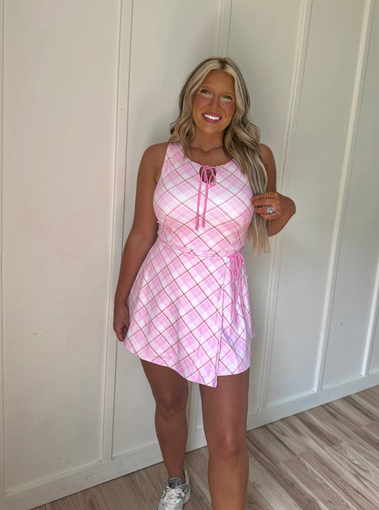 Coastal Country Club Wrap Dress- Pink & Green Plaid
