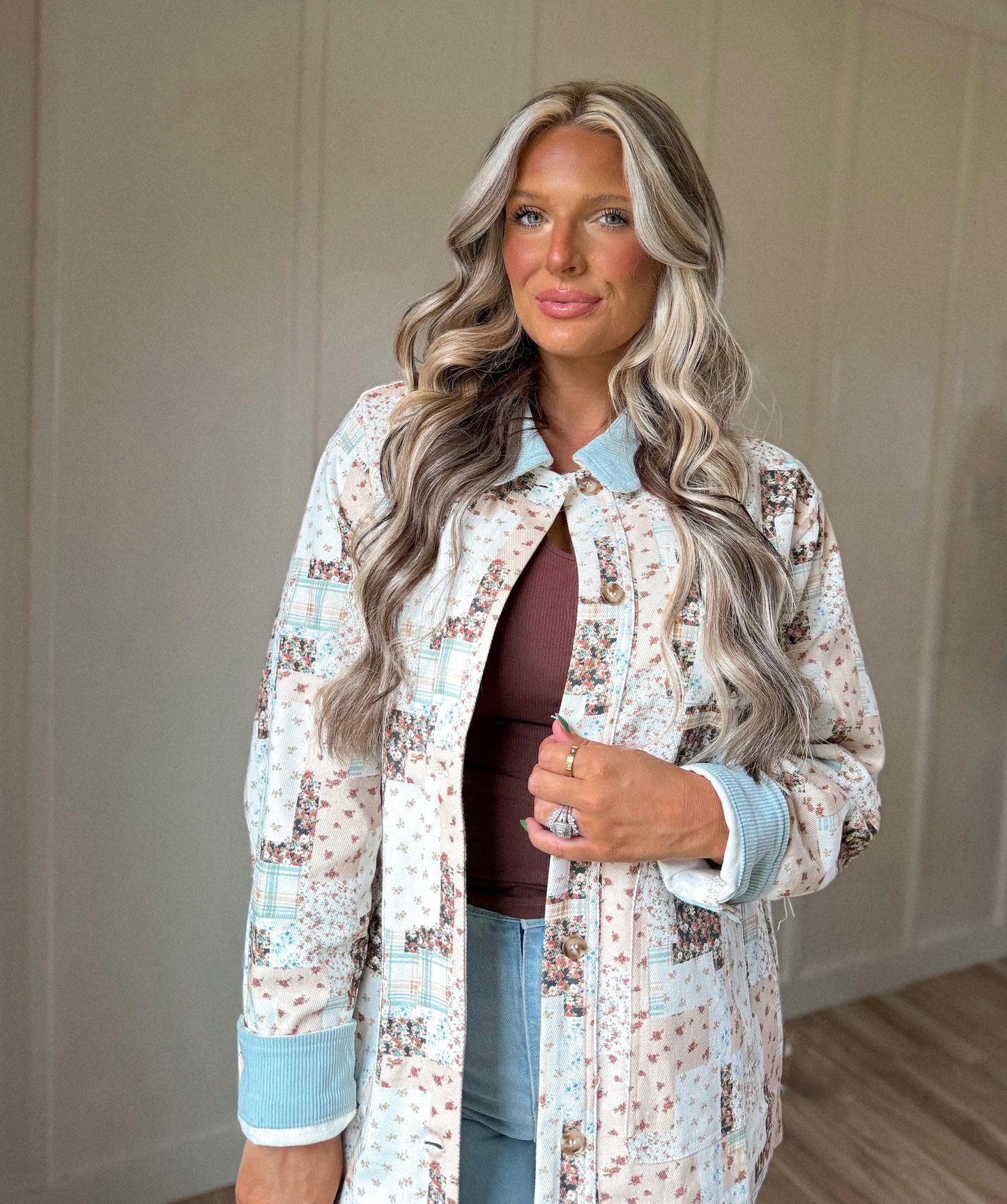 Dolly Down Button Barn Jacket - Baby Blue & Brown