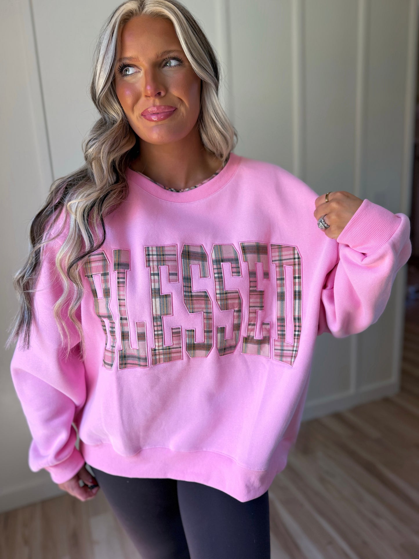 BLESSED Varsity Crew Neck - Plaid
