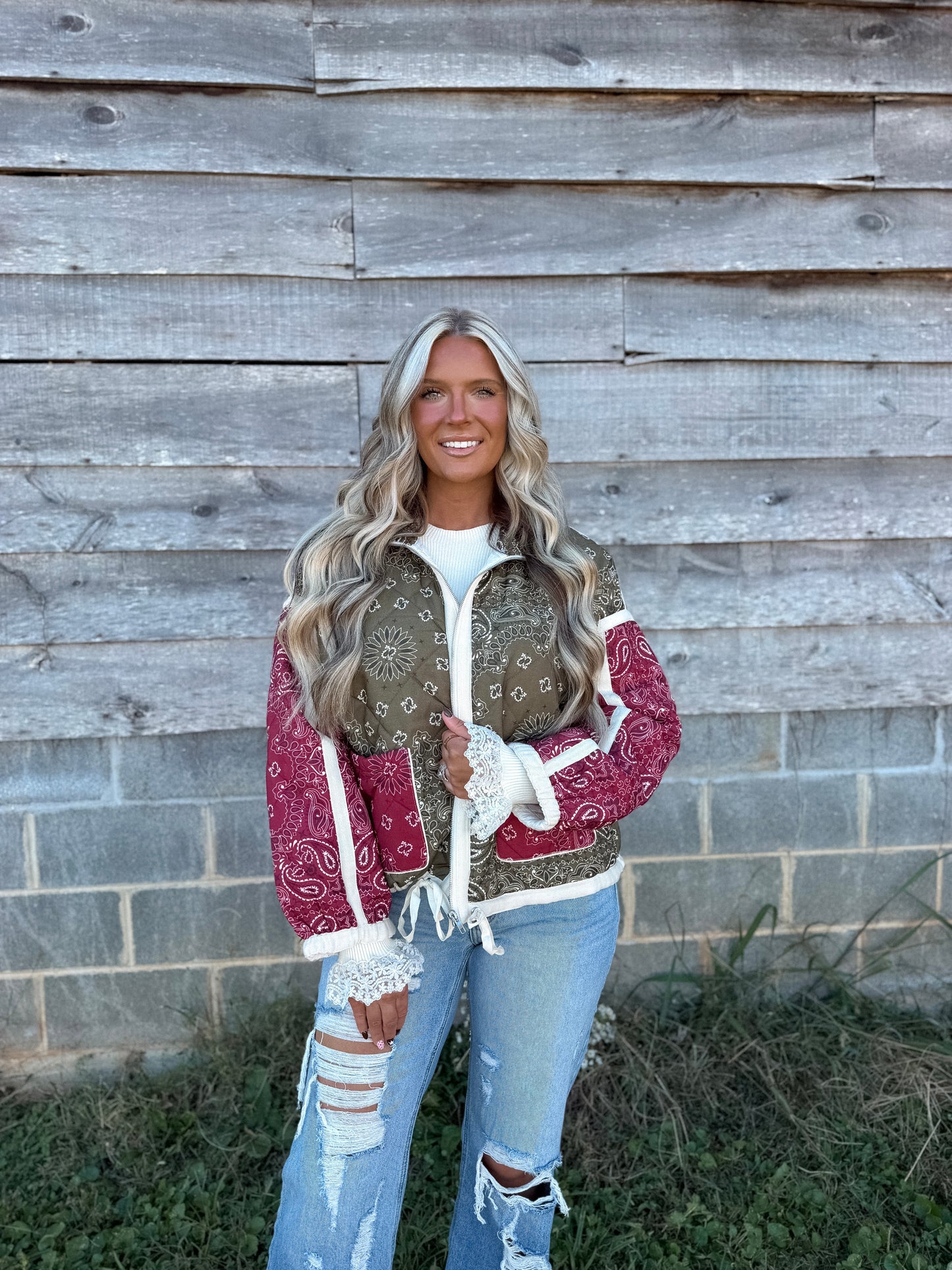 Wild Rag - Bandana Quilted Coat Hunter Green & Maroon