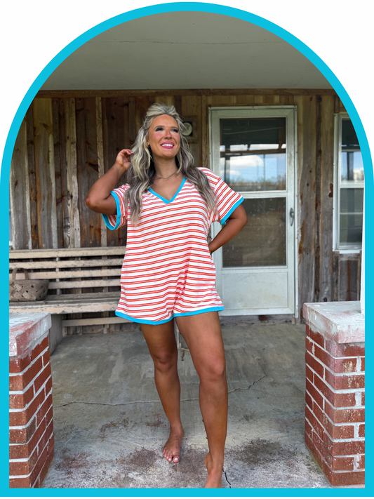 Something Easy Stripe Romper- neon orange & blue