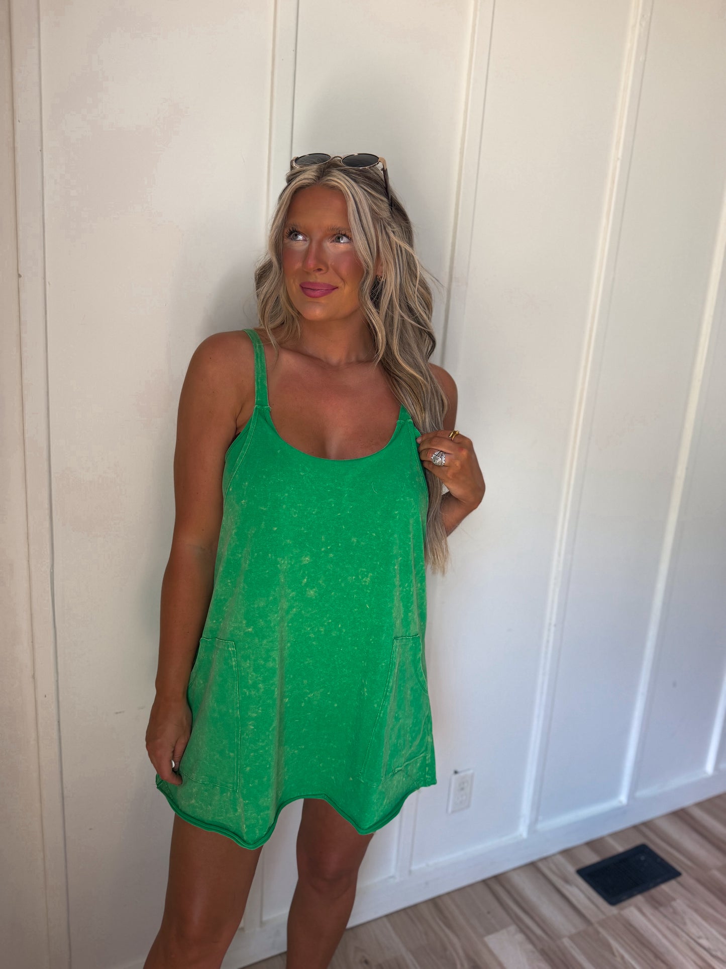 Porch To Pier - Green Mineral Wash Active Dress