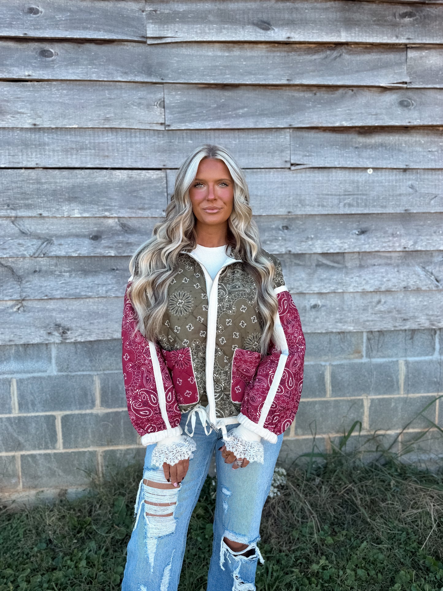 Wild Rag - Bandana Quilted Coat Hunter Green & Maroon
