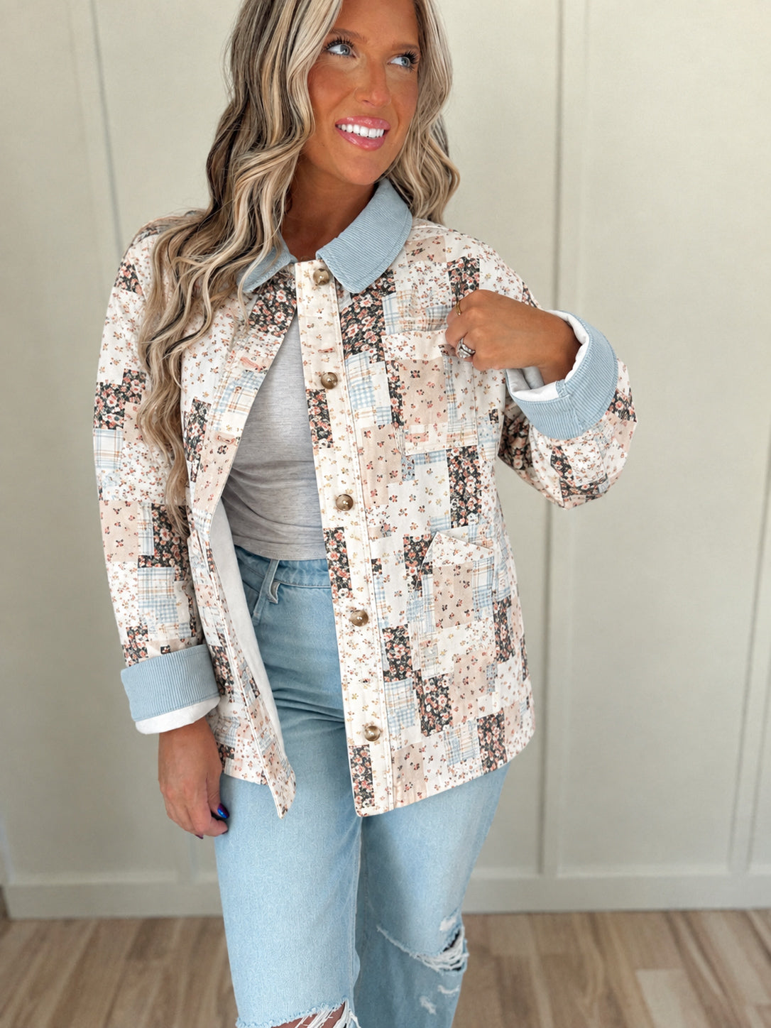 Dolly Down Button Barn Jacket - Baby Blue & Brown