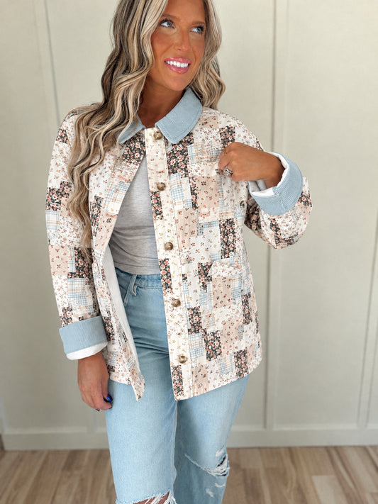 Dolly Down Button Barn Jacket - Baby Blue & Brown
