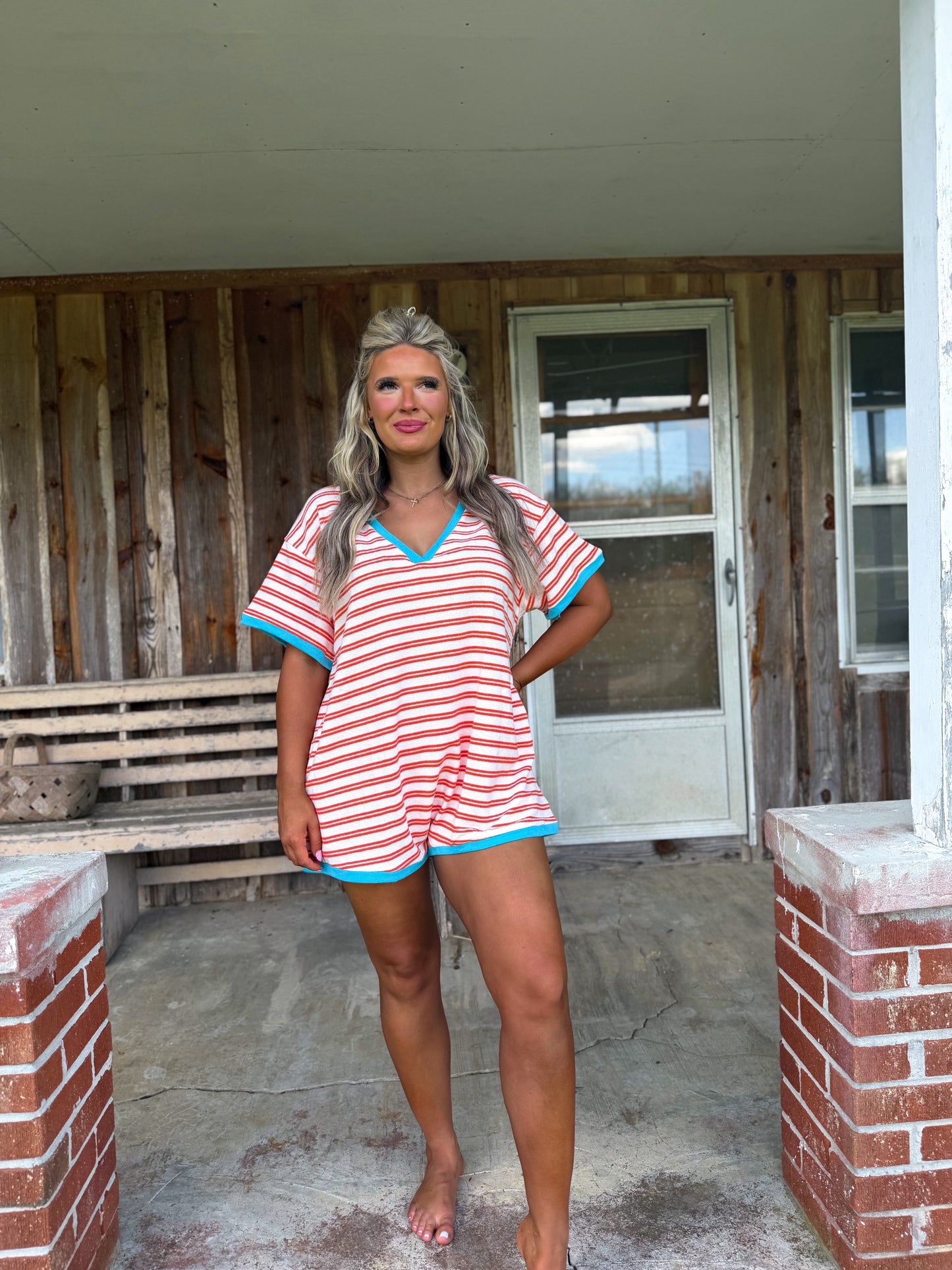 Something Easy Stripe Romper- neon orange & blue